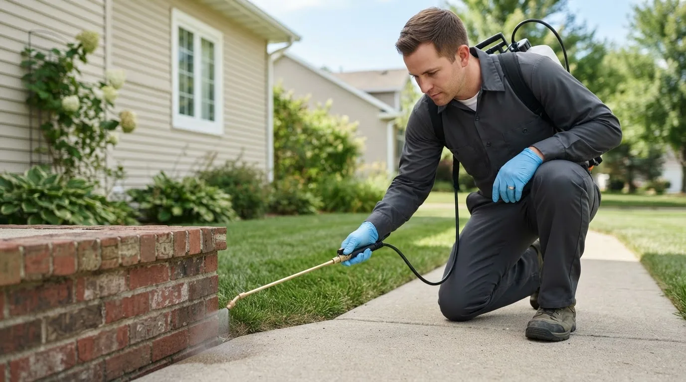 Pest control technician treating a home near Manning, ND