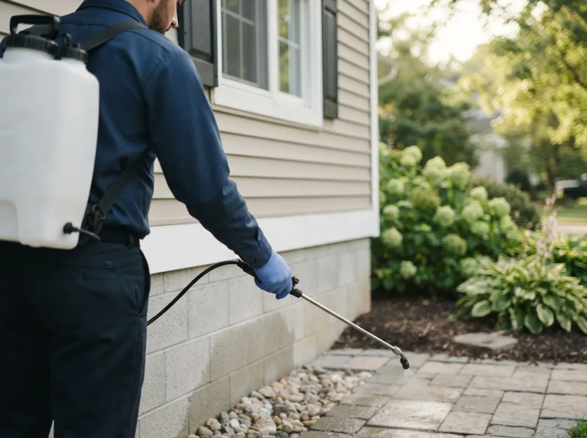 Pest control technician inspecting a home in Manning, ND